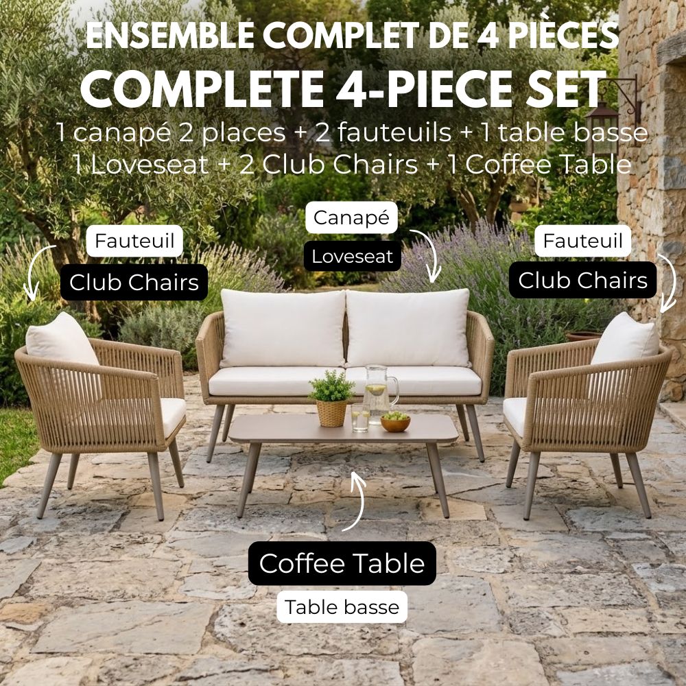 Ensemble de mobilier de jardin 4 pièces - style moderne avec coussins beiges