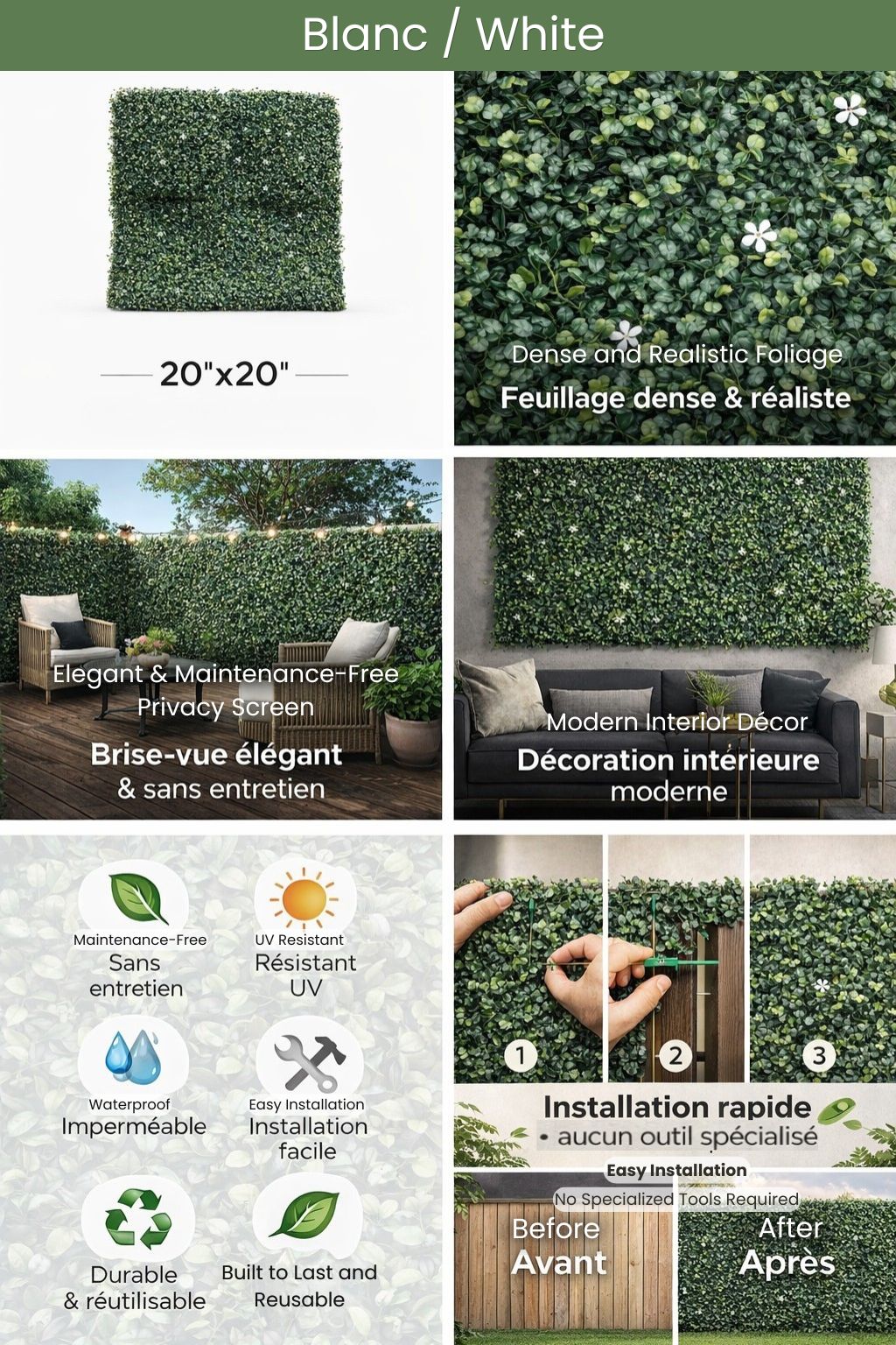 Panneau de verdure et fleurs blanches