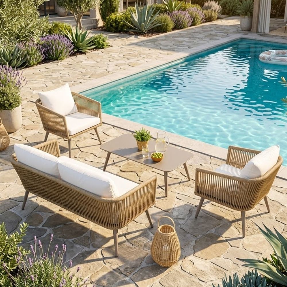 Ensemble de mobilier de jardin 4 pièces - style moderne avec coussins beiges