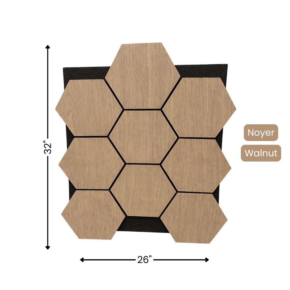 Composition de panneaux acoustiques hexagonaux couleur noyer