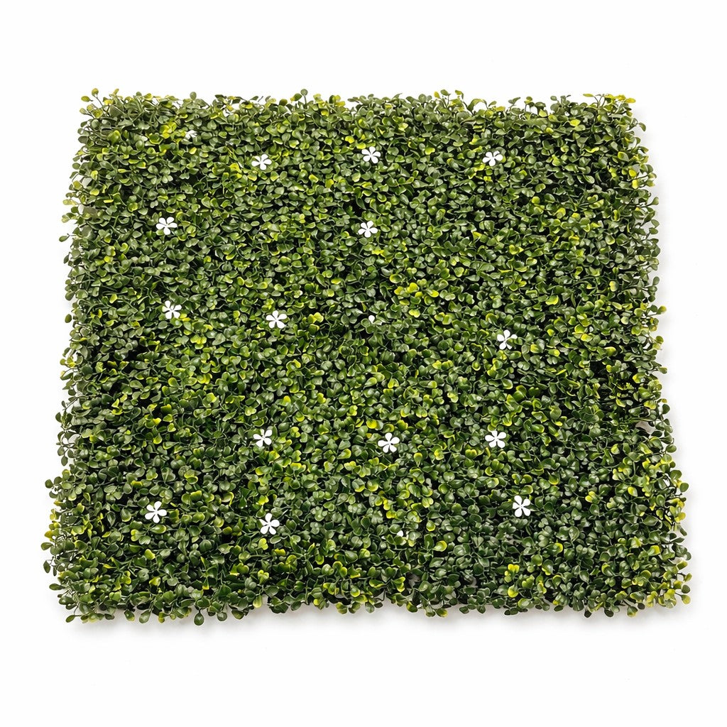 Mur végétal vert avec fleurs blanches délicates