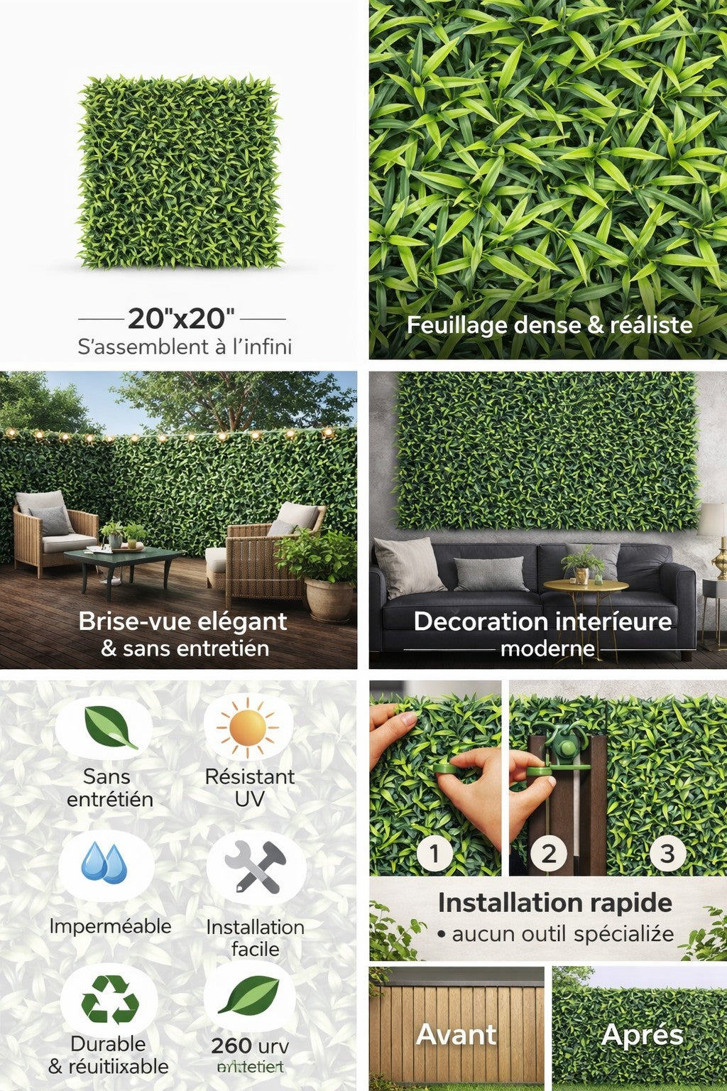 Panneaux floral/végétal décoratif - Feuillage artificiel  20''X 20''